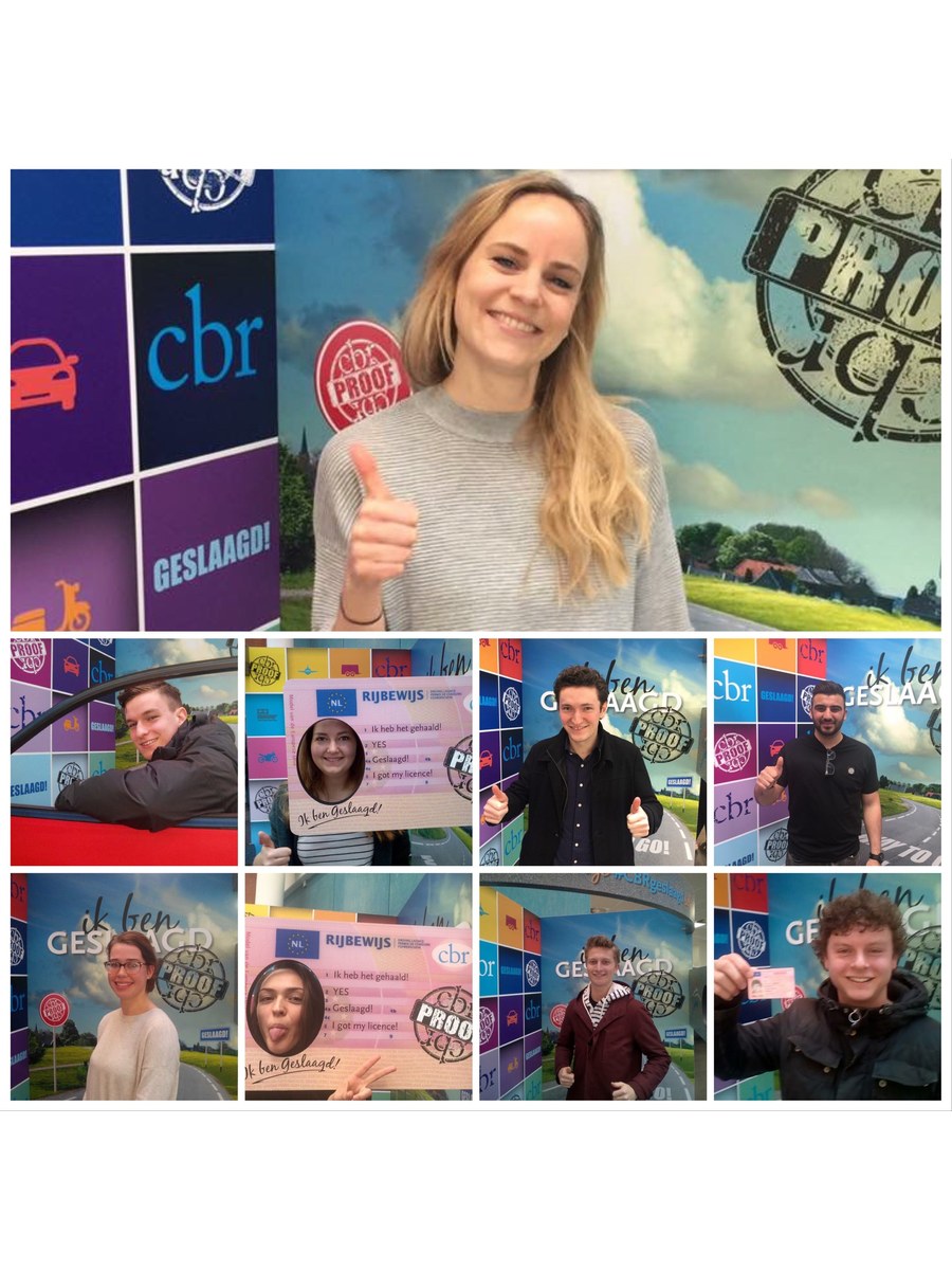 Collage van geslaagde leerlingen bij het CBR-geslaagdbord
